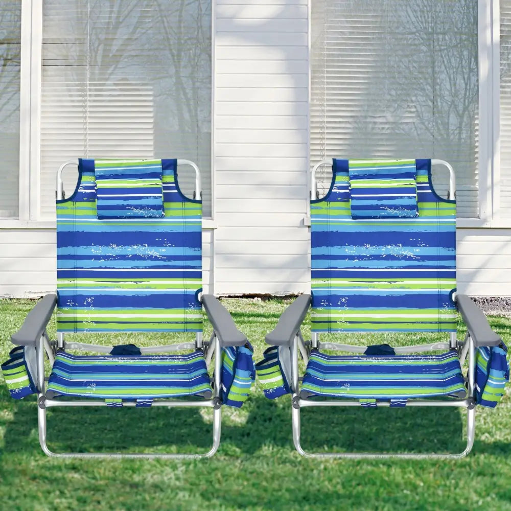 2-Pack Folding Backpack Beach Chair 5-Position Outdoor Reclining Chairs with Pillow-Blue - Blue - Beach & Lawn Chairs