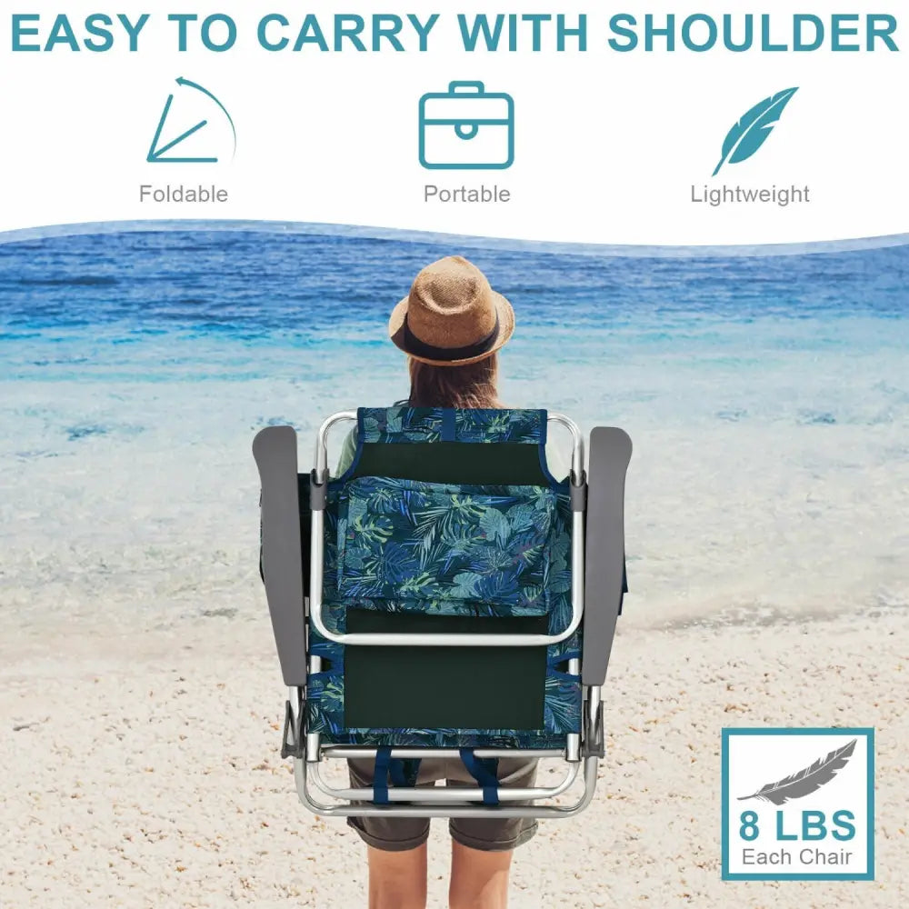 2-Pack Folding Backpack Beach Chair 5-Position Outdoor Reclining Chairs with Pillow-Navy - Navy - Beach & Lawn Chairs