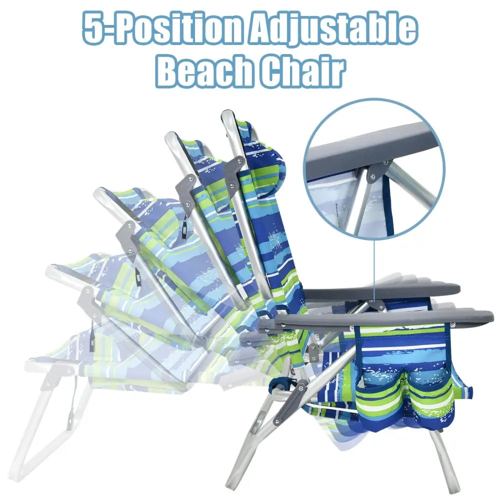2-Pack Folding Backpack Beach Chair 5-Position Outdoor Reclining Chairs with Pillow-Blue - Blue - Beach & Lawn Chairs