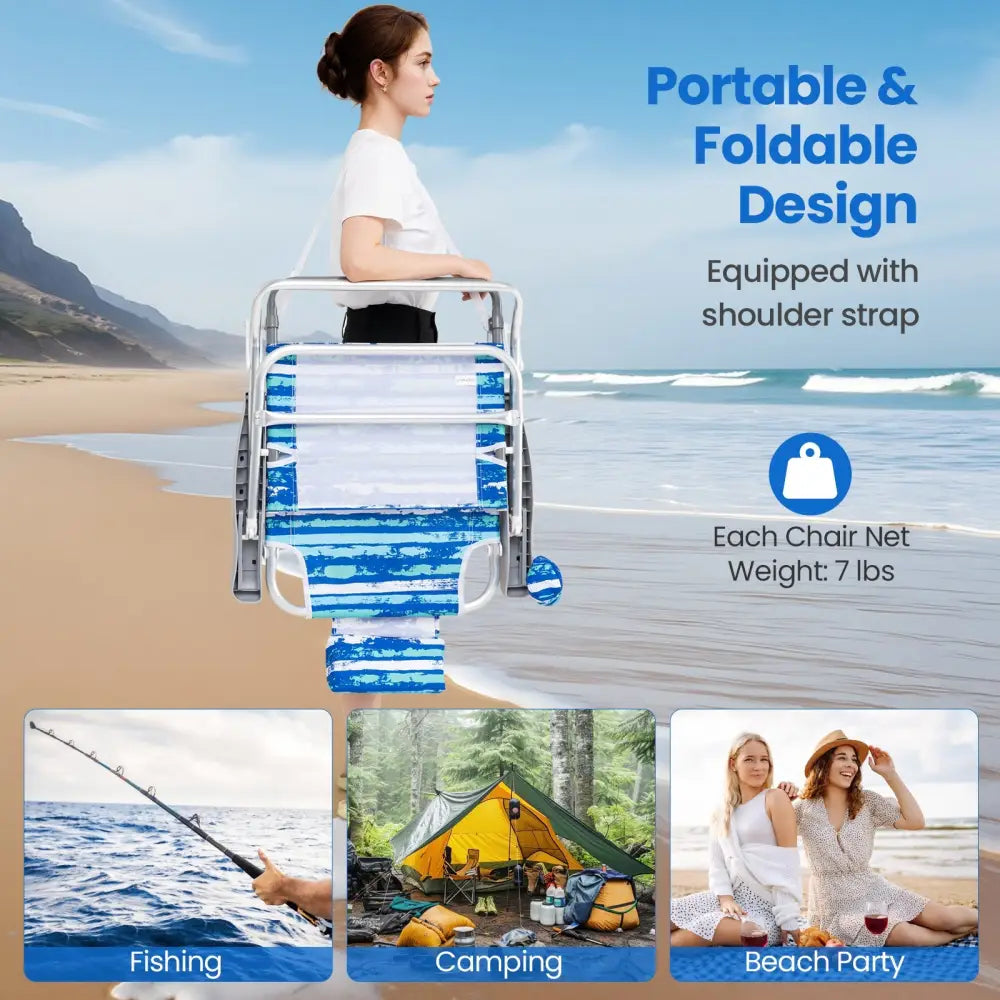 2 Pack Folding Beach Chair with Adjustable Positions and Head Pillow-Blue - Blue - Beach & Lawn Chairs