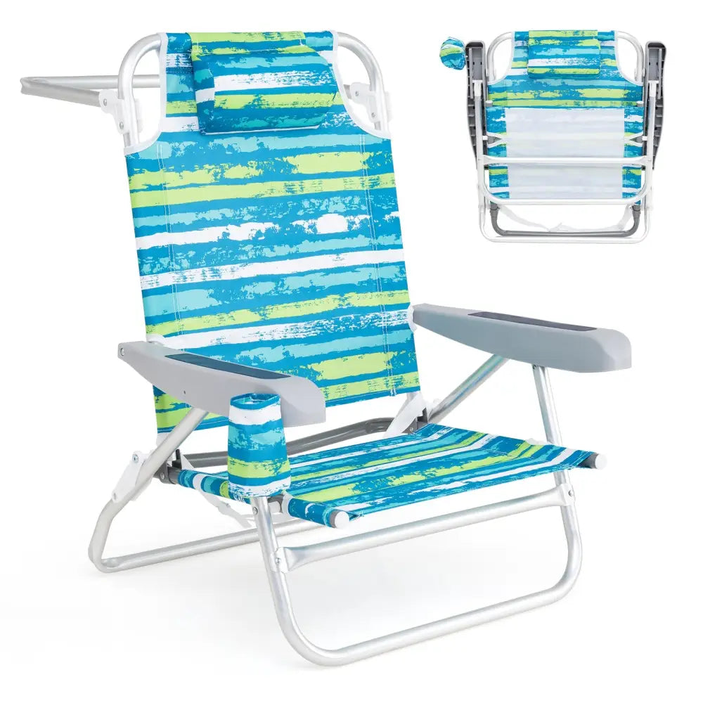 2 Pack Folding Beach Chair with Adjustable Positions and Head Pillow-Green - Green - Beach & Lawn Chairs