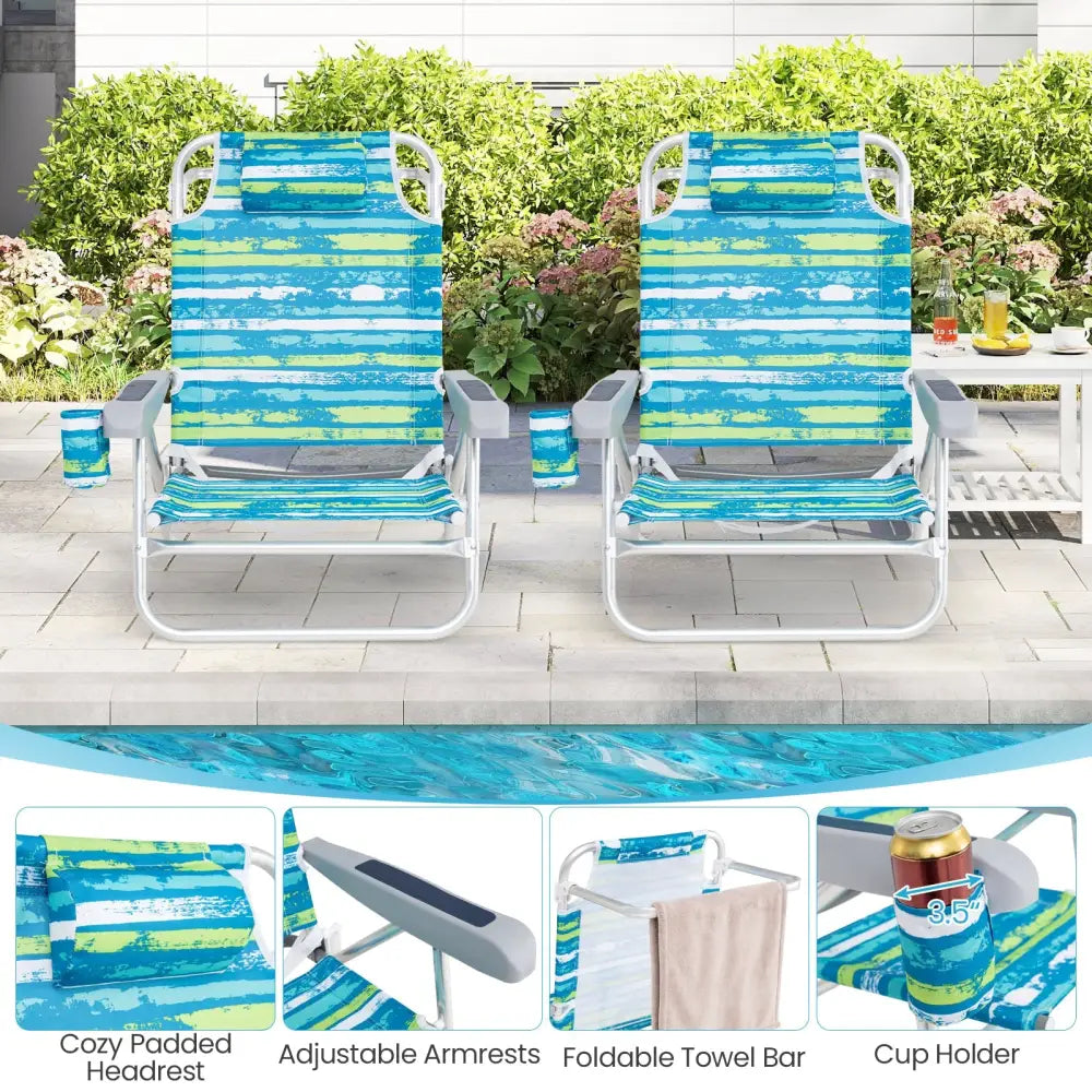 2 Pack Folding Beach Chair with Adjustable Positions and Head Pillow-Green - Green - Beach & Lawn Chairs