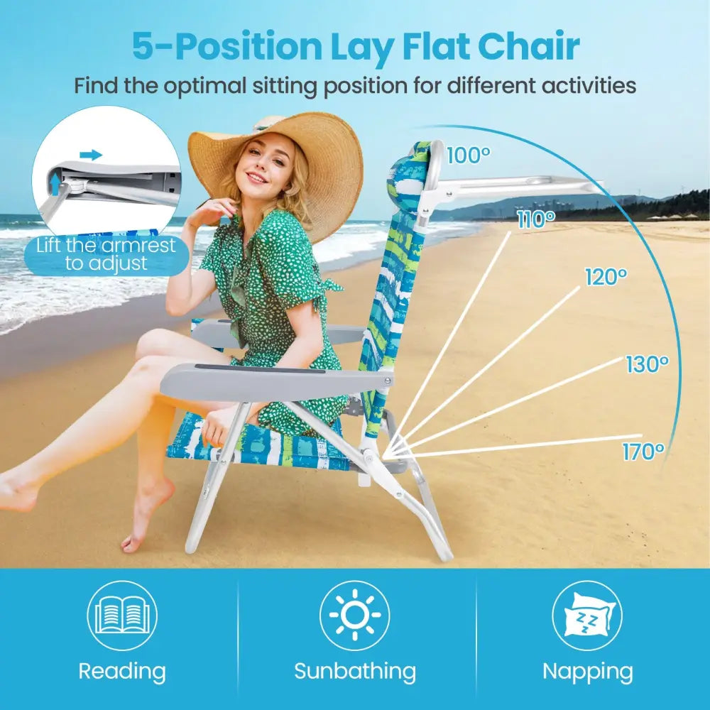 2 Pack Folding Beach Chair with Adjustable Positions and Head Pillow-Green - Green - Beach & Lawn Chairs