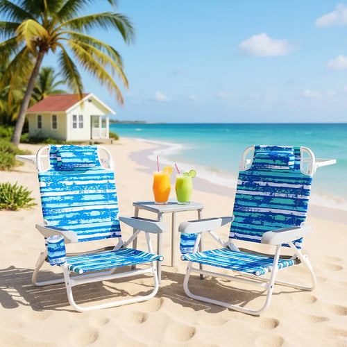 2 Pack Folding Beach Chair with Adjustable Positions and Head Pillow-Blue - Blue - Beach & Lawn Chairs