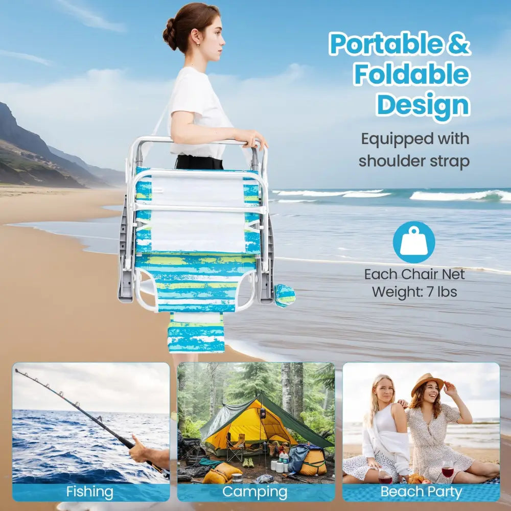 2 Pack Folding Beach Chair with Adjustable Positions and Head Pillow-Green - Green - Beach & Lawn Chairs
