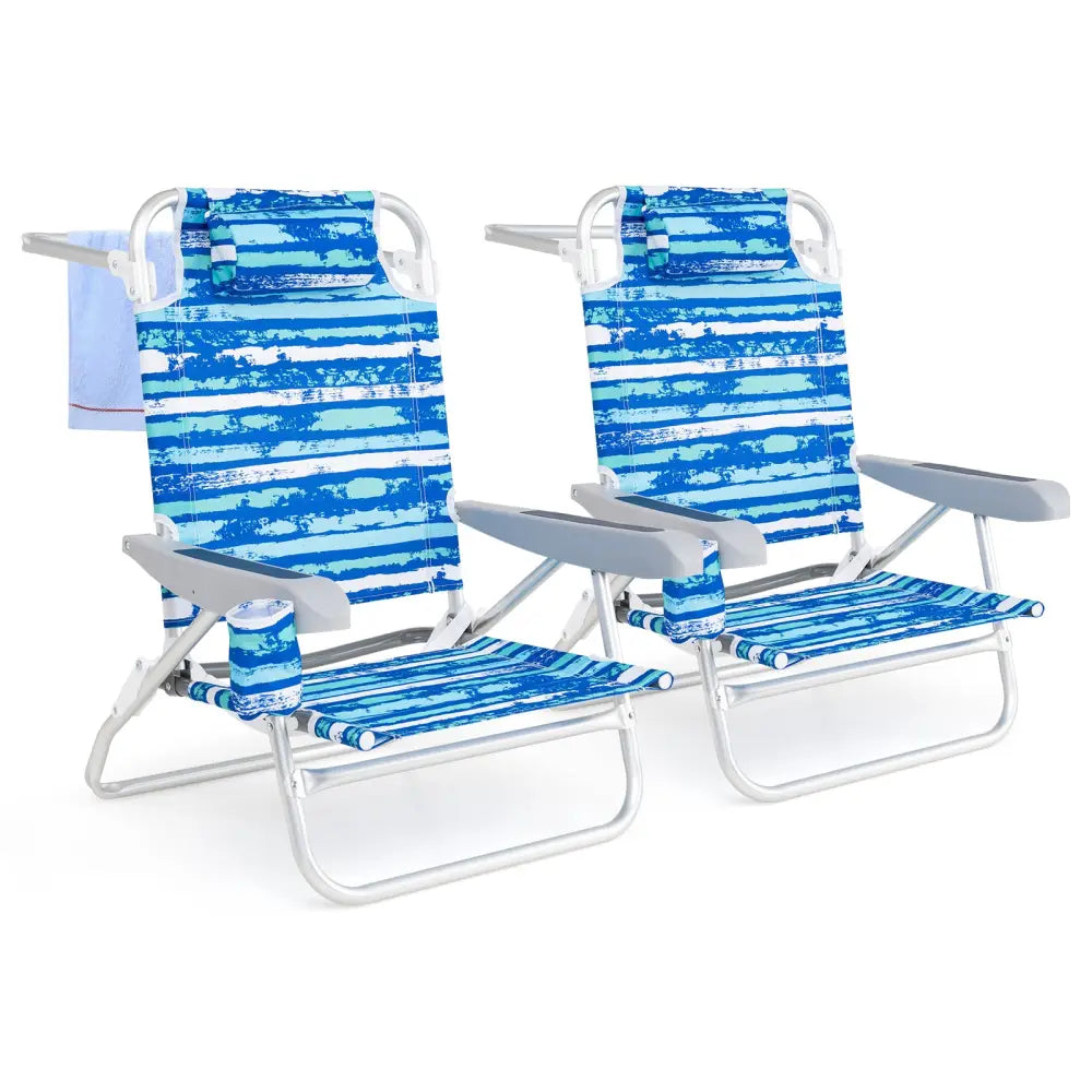 2 Pack Folding Beach Chair with Adjustable Positions and Head Pillow-Blue - Blue - Beach & Lawn Chairs