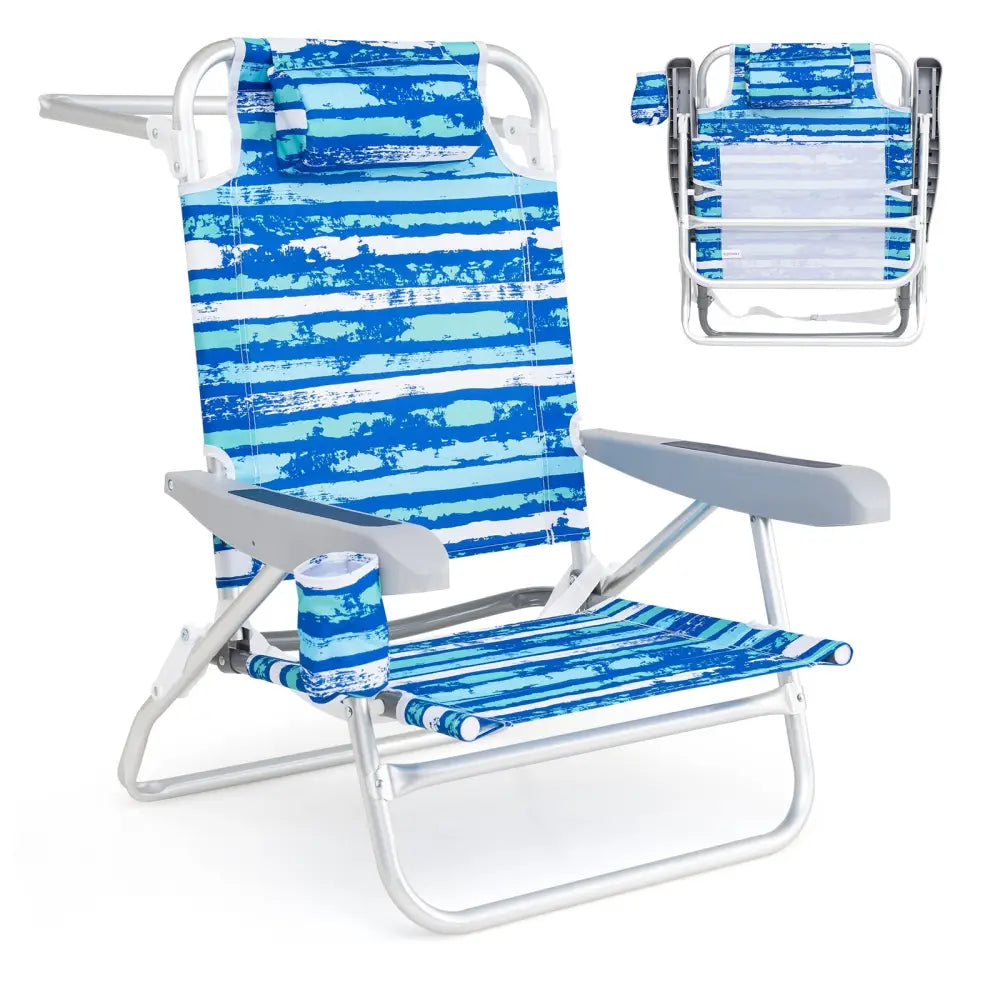 2 Pack Folding Beach Chair with Adjustable Positions and Head Pillow-Blue - Blue - Beach & Lawn Chairs