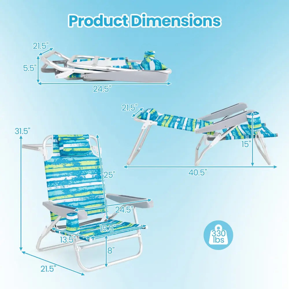 2 Pack Folding Beach Chair with Adjustable Positions and Head Pillow-Green - Green - Beach & Lawn Chairs