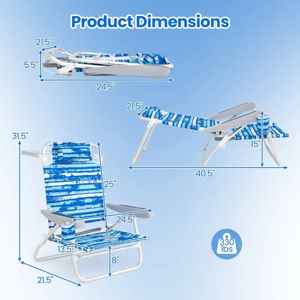 2 Pack Folding Beach Chair with Adjustable Positions and Head Pillow-Blue - Blue - Beach & Lawn Chairs