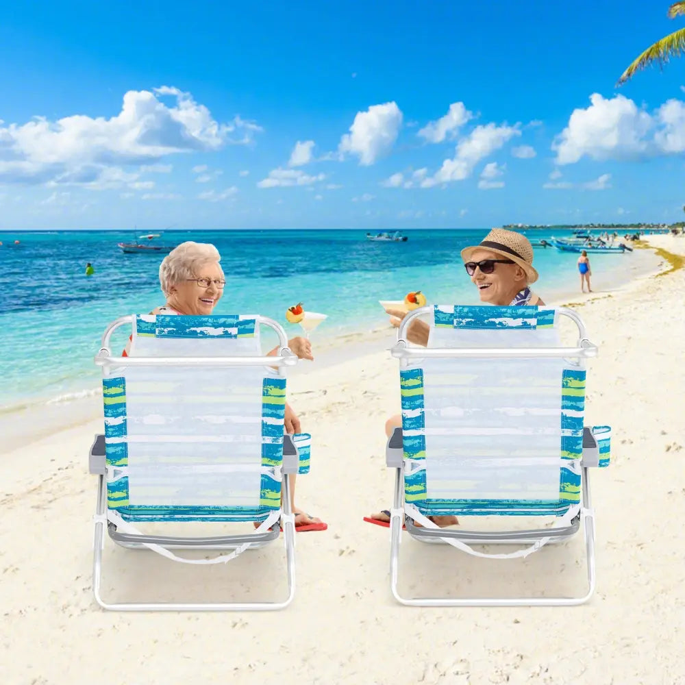 2 Pack Folding Beach Chair with Adjustable Positions and Head Pillow-Green - Green - Beach & Lawn Chairs