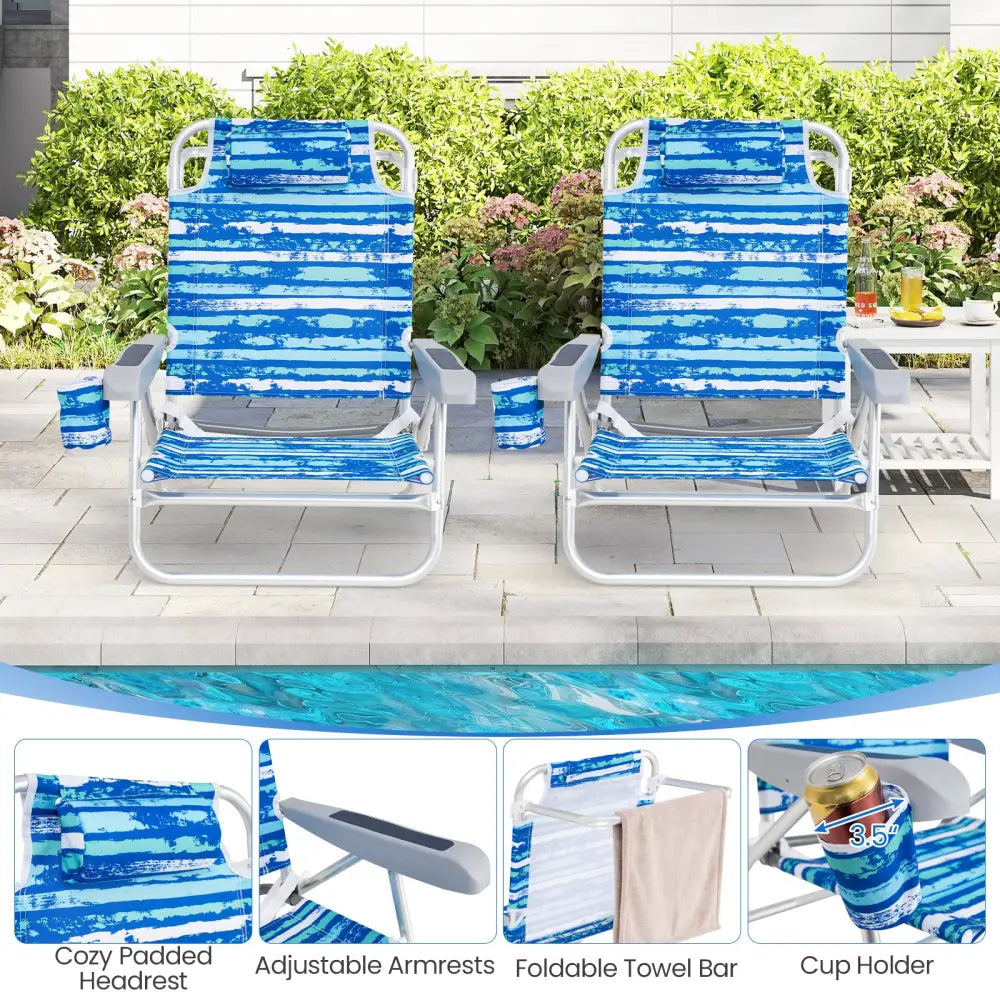2 Pack Folding Beach Chair with Adjustable Positions and Head Pillow-Blue - Blue - Beach & Lawn Chairs