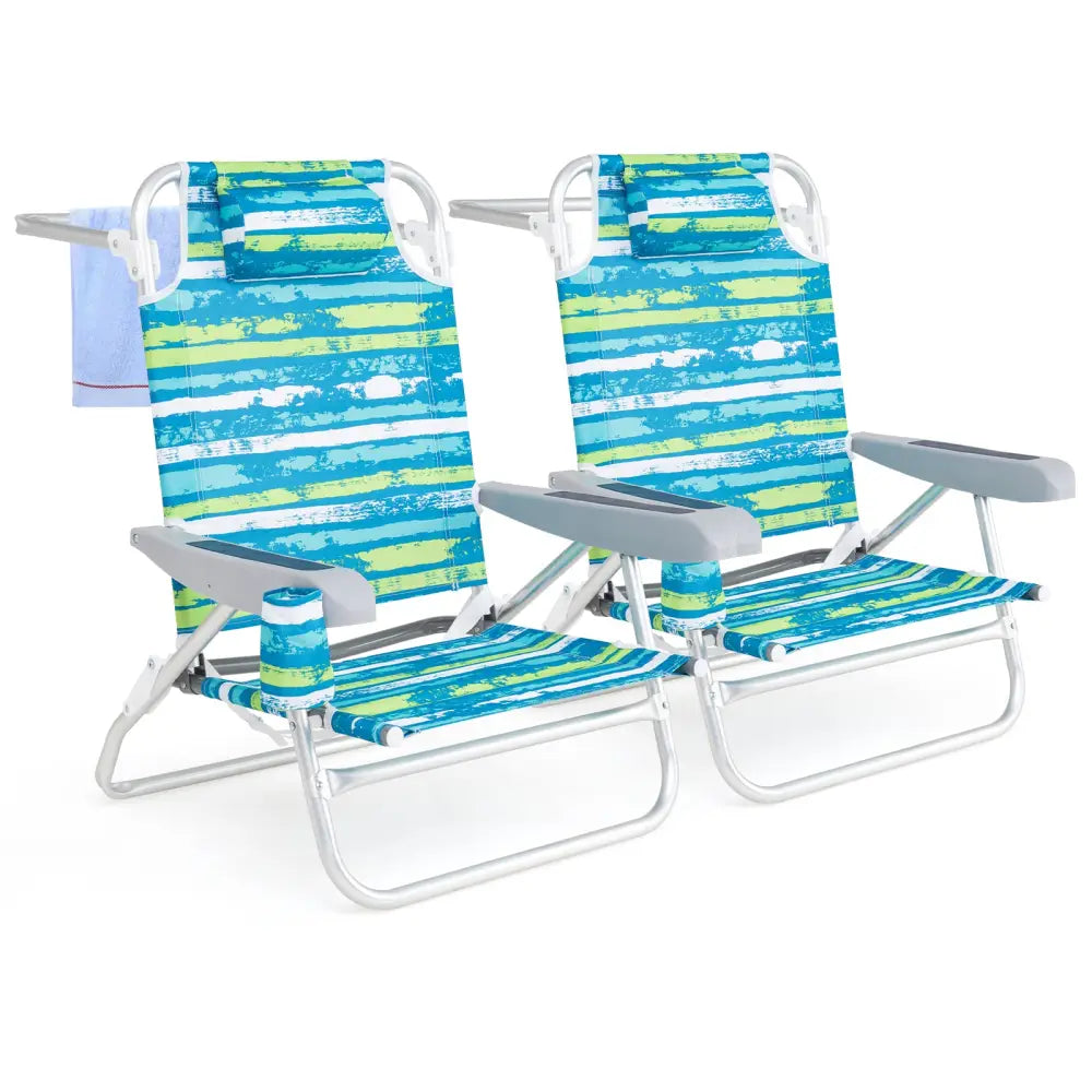 2 Pack Folding Beach Chair with Adjustable Positions and Head Pillow-Green - Green - Beach & Lawn Chairs