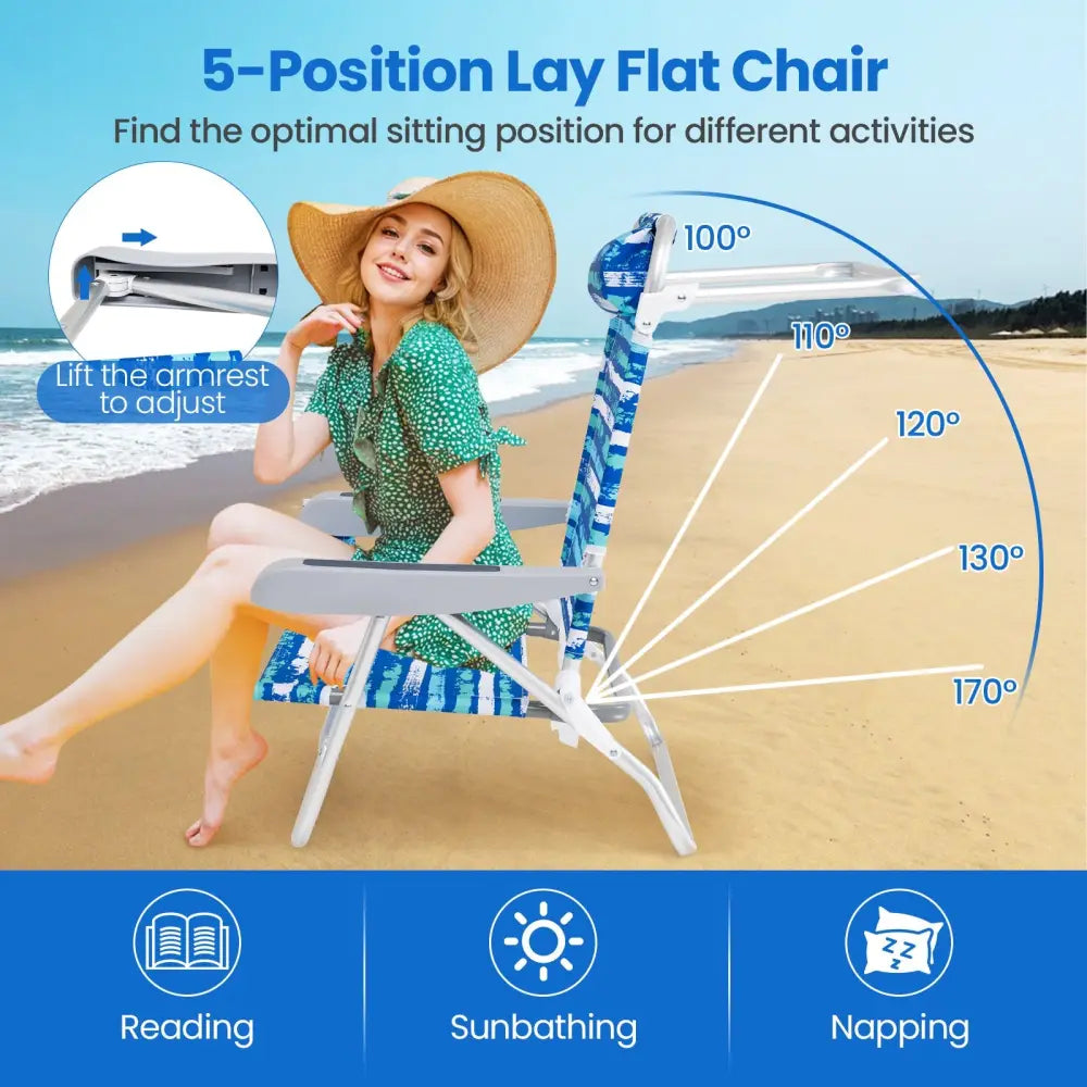 2 Pack Folding Beach Chair with Adjustable Positions and Head Pillow-Blue - Blue - Beach & Lawn Chairs