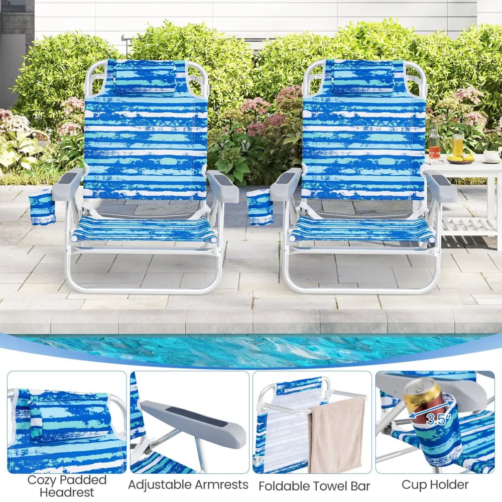 2 Pack Folding Beach Chair with Adjustable Positions and Head Pillow-Blue - Blue - Beach & Lawn Chairs