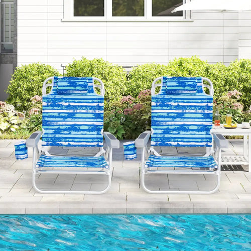 2 Pack Folding Beach Chair with Adjustable Positions and Head Pillow-Blue - Blue - Beach & Lawn Chairs