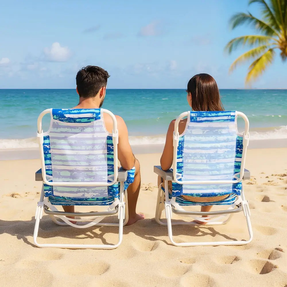 2 Pack Folding Beach Chair with Adjustable Positions and Head Pillow-Blue - Blue - Beach & Lawn Chairs