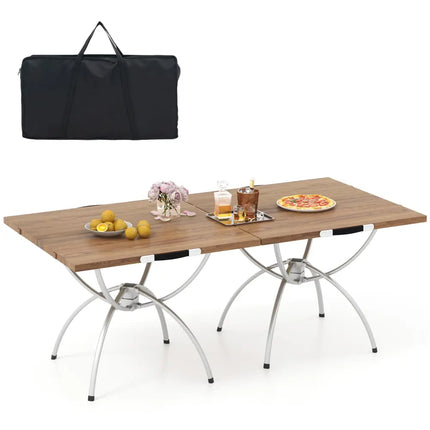 2 Pack Folding Camping Table with Wood-grain Tabletop for Hiking Party-Natural - Natural - Camping Furniture