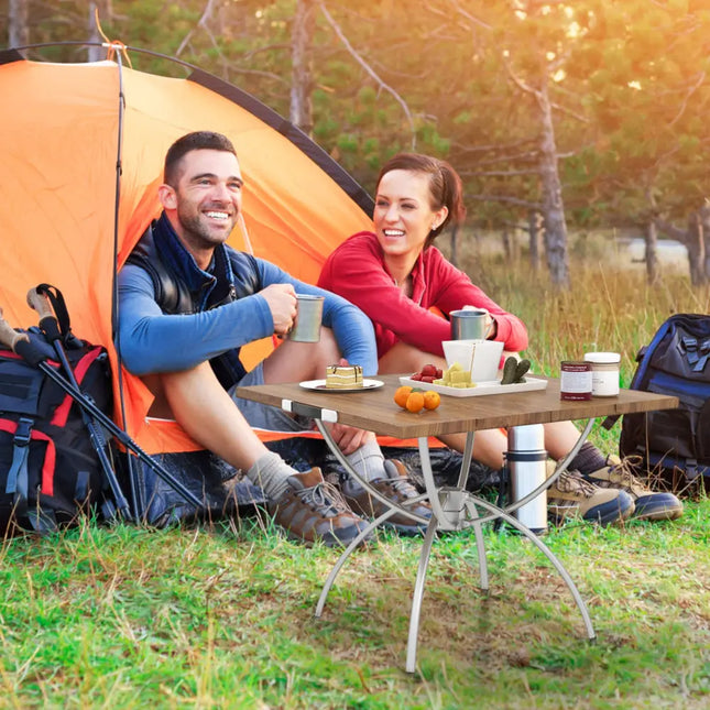 2 Pack Folding Camping Table with Wood-grain Tabletop for Hiking Party-Natural - Natural - Camping Furniture