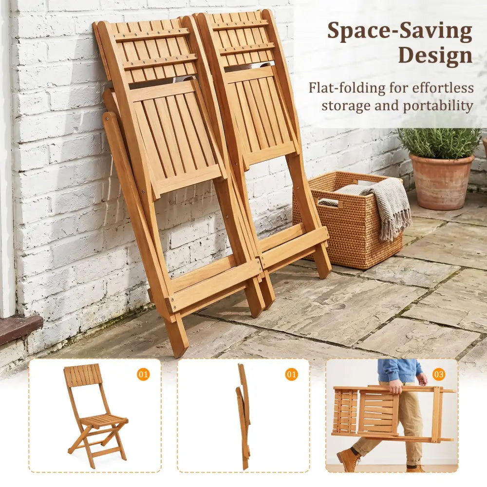 2 Pack Folding Chairs Sturdy Wood Dining Chairs with Slatted Backrest and Seat - Patio Dining Chairs