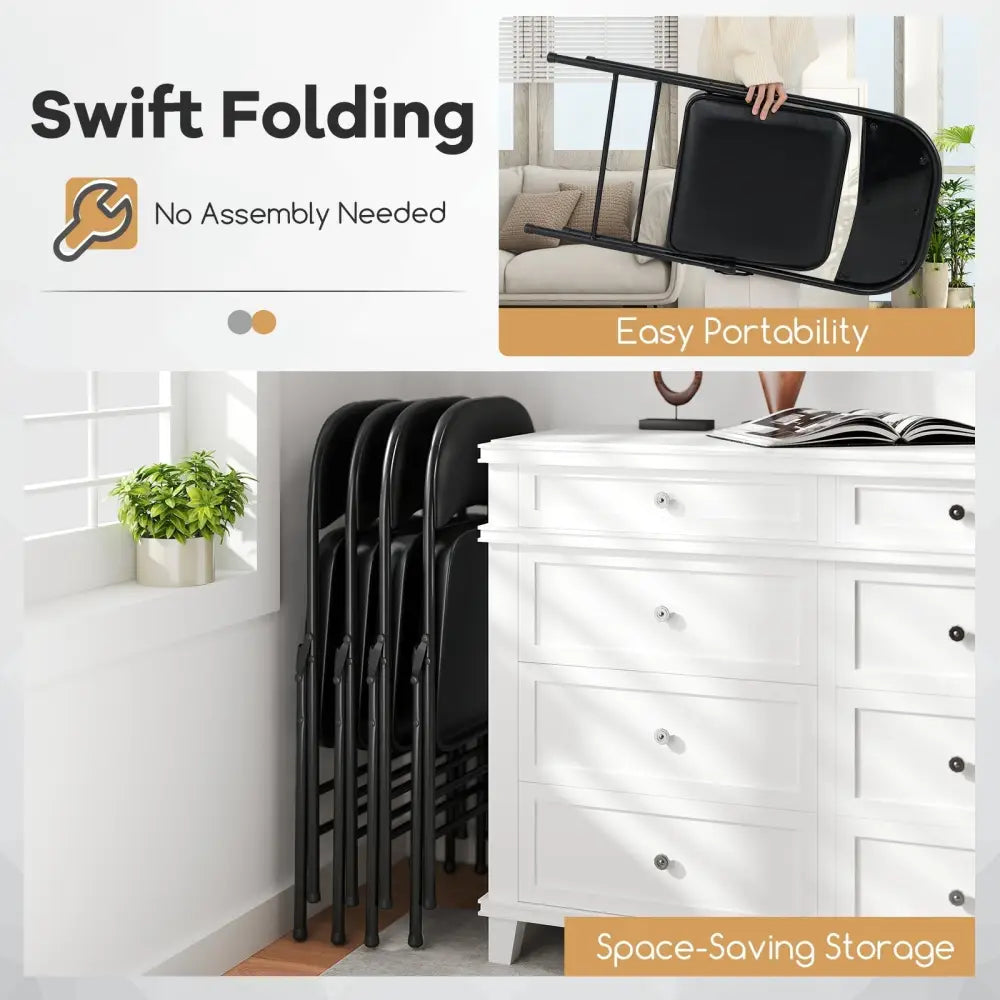 2 Pack Folding Chairs with Metal Frame and PVC Leather for Indoor Outdoor-Black Costway
