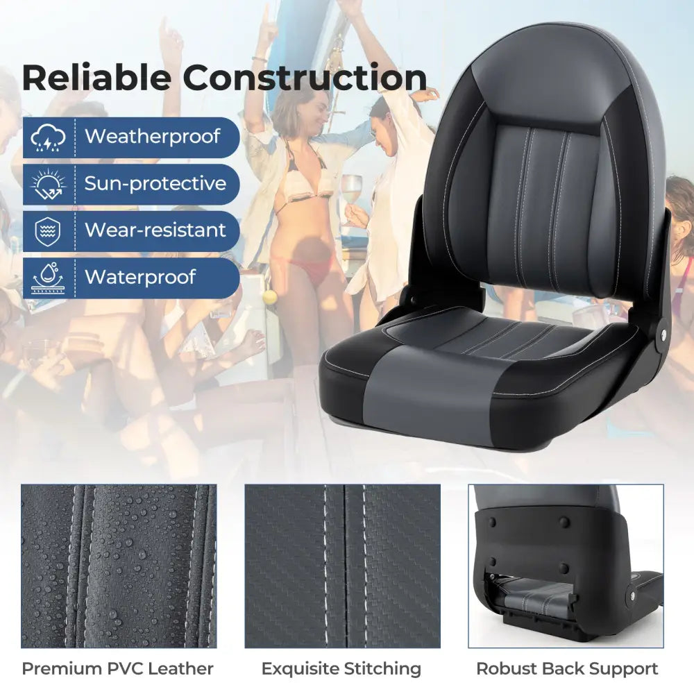 2-Pack Folding High Back Boat Chairs with Sponge Padding and Fixing Bolts-Black - Black - Surfing
