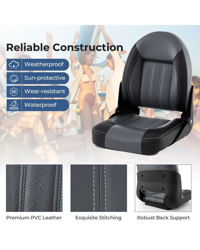2-Pack Folding High Back Boat Chairs with Sponge Padding and Fixing Bolts-Black - Black - Surfing
