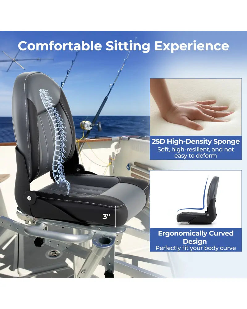 2-Pack Folding High Back Boat Chairs with Sponge Padding and Fixing Bolts-Black - Black - Surfing