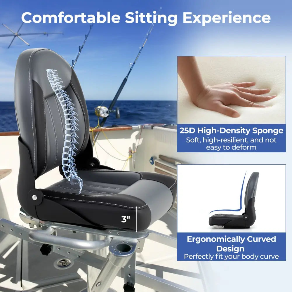 2-Pack Folding High Back Boat Chairs with Sponge Padding and Fixing Bolts-Black - Black - Surfing