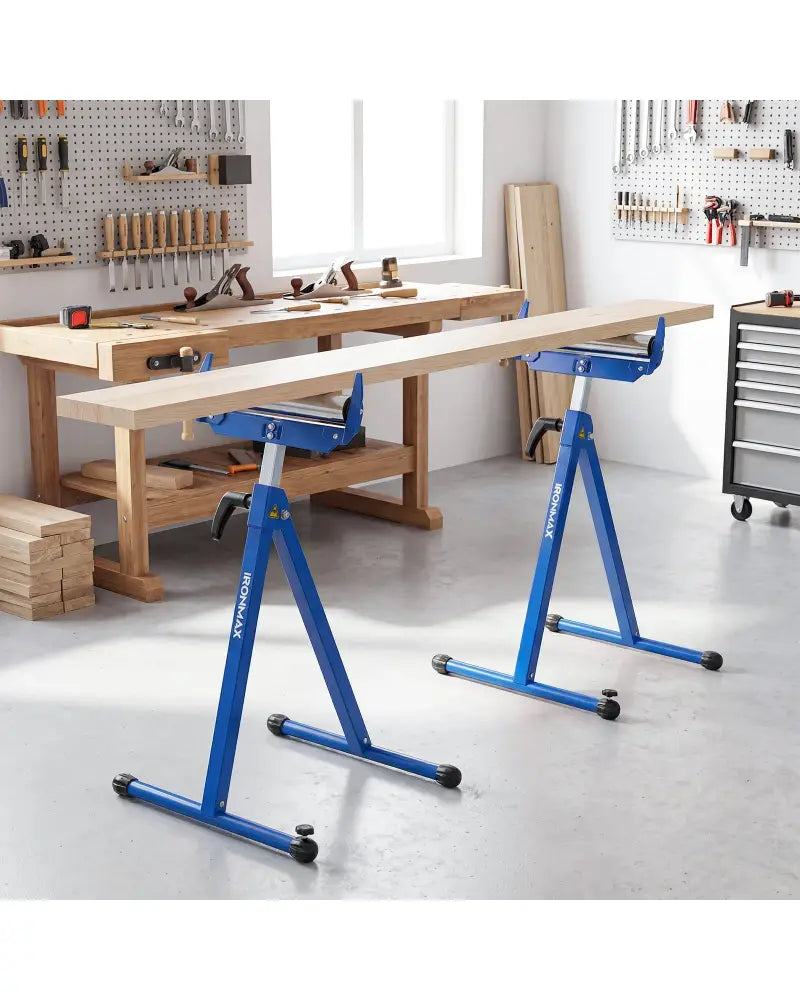 2-Pack Folding Roller Stands Portable Outfeed Supports with Adjustable Height-Blue - Blue - Garages