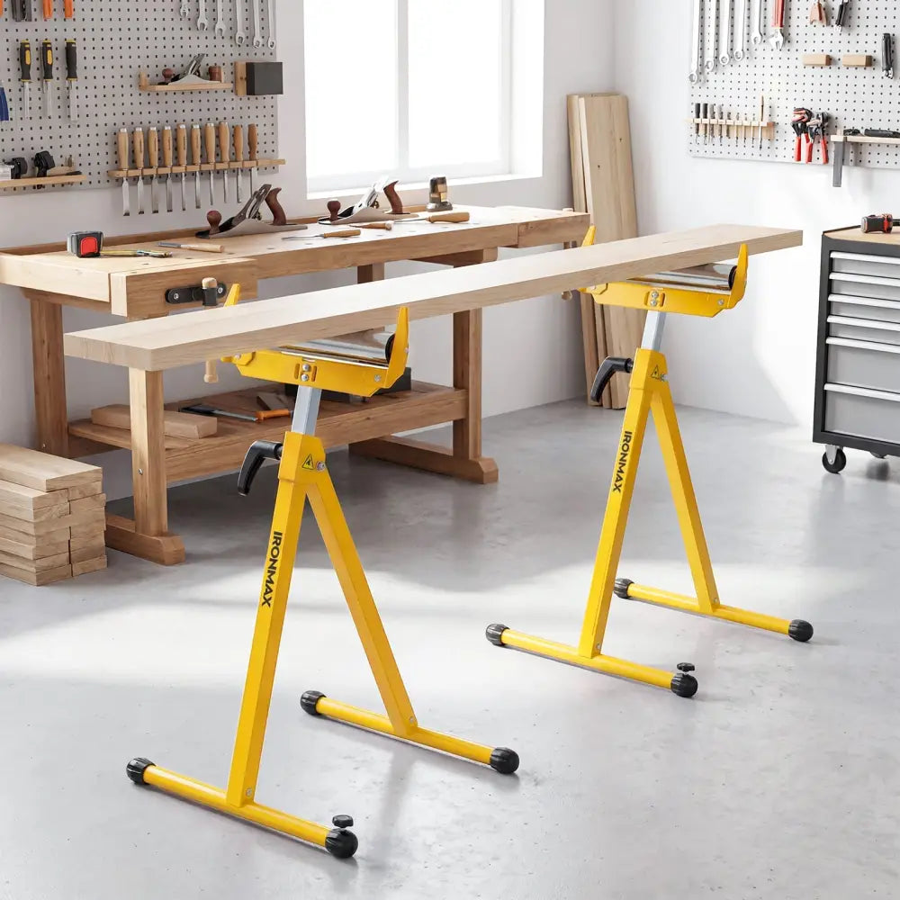 2-Pack Folding Roller Stands Portable Outfeed Supports with Adjustable Height-Yellow - Yellow - Garages