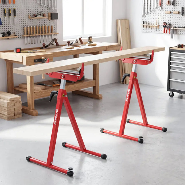 2-Pack Folding Roller Stands Portable Outfeed Supports with Adjustable Height-Red - Red - Garages