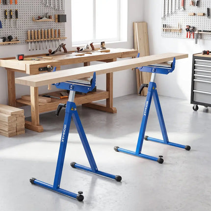 2-Pack Folding Roller Stands Portable Outfeed Supports with Adjustable Height-Blue - Blue - Garages