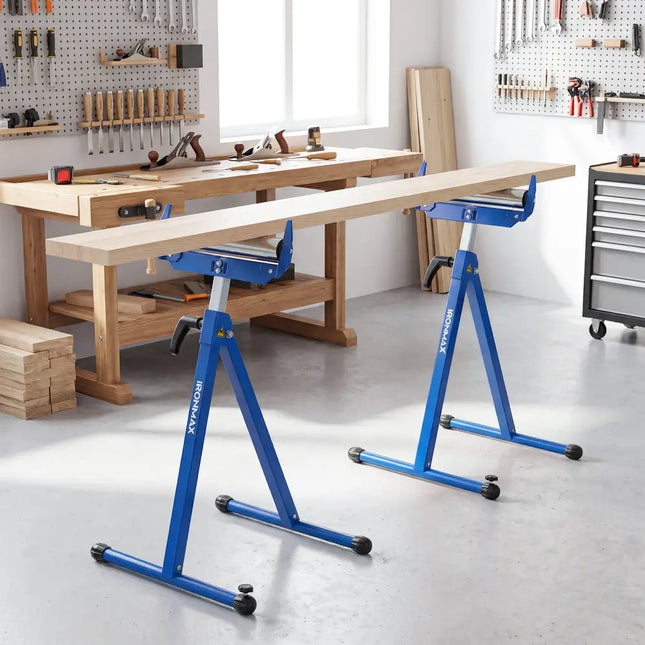 2-Pack Folding Roller Stands Portable Outfeed Supports with Adjustable Height-Blue - Blue - Garages