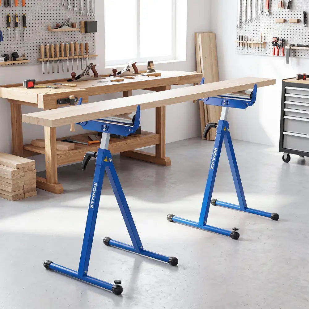 2-Pack Folding Roller Stands Portable Outfeed Supports with Adjustable Height-Blue - Blue - Garages