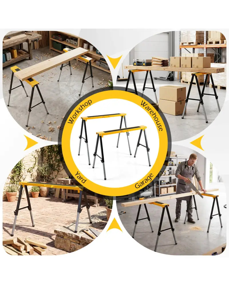 2 Pack Folding Saw Horses with 12 Adjustable Leg Heights and Handles-Yellow - Yellow - Garages