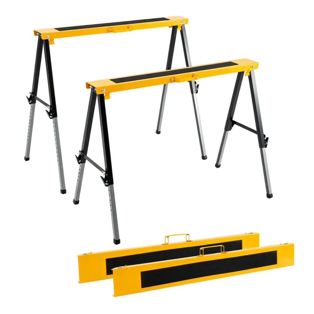 2 Pack Folding Saw Horses with 12 Adjustable Leg Heights and Handles-Yellow - Yellow - Garages