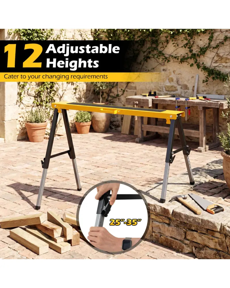 2 Pack Folding Saw Horses with 12 Adjustable Leg Heights and Handles-Yellow - Yellow - Garages