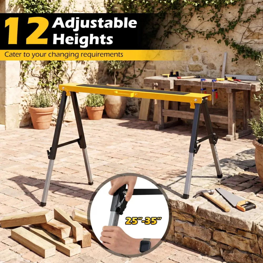 2 Pack Folding Saw Horses with 12 Adjustable Leg Heights and Handles-Yellow - Yellow - Garages