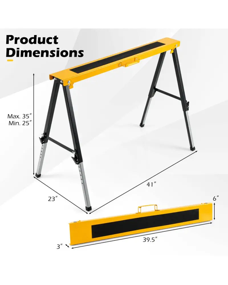 2 Pack Folding Saw Horses with 12 Adjustable Leg Heights and Handles-Yellow - Yellow - Garages
