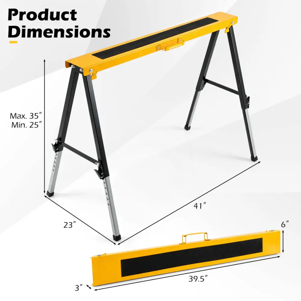 2 Pack Folding Saw Horses with 12 Adjustable Leg Heights and Handles-Yellow - Yellow - Garages