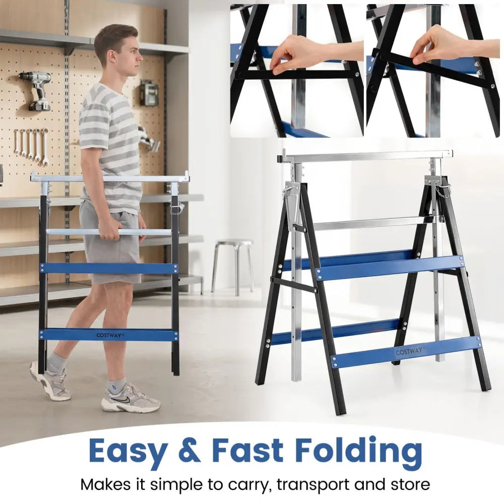 2 Pack Heavy Duty Metal Folding Saw Horses with Adjustable Height- Blue - Blue - Garages