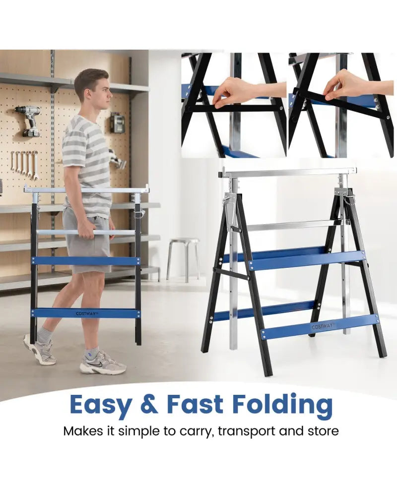 2 Pack Heavy Duty Metal Folding Saw Horses with Adjustable Height- Blue - Blue - Garages