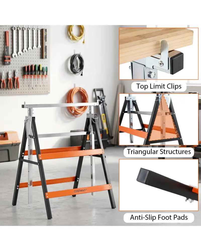 2 Pack Heavy Duty Metal Folding Saw Horses with Adjustable Height-Orange - Orange - Garages