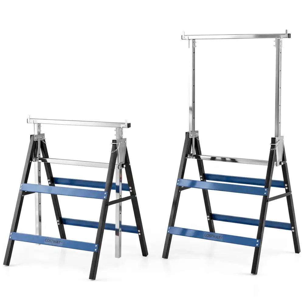 2 Pack Heavy Duty Metal Folding Saw Horses with Adjustable Height- Blue - Blue - Garages