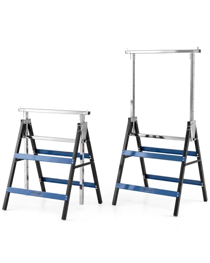 2 Pack Heavy Duty Metal Folding Saw Horses with Adjustable Height- Blue - Blue - Garages