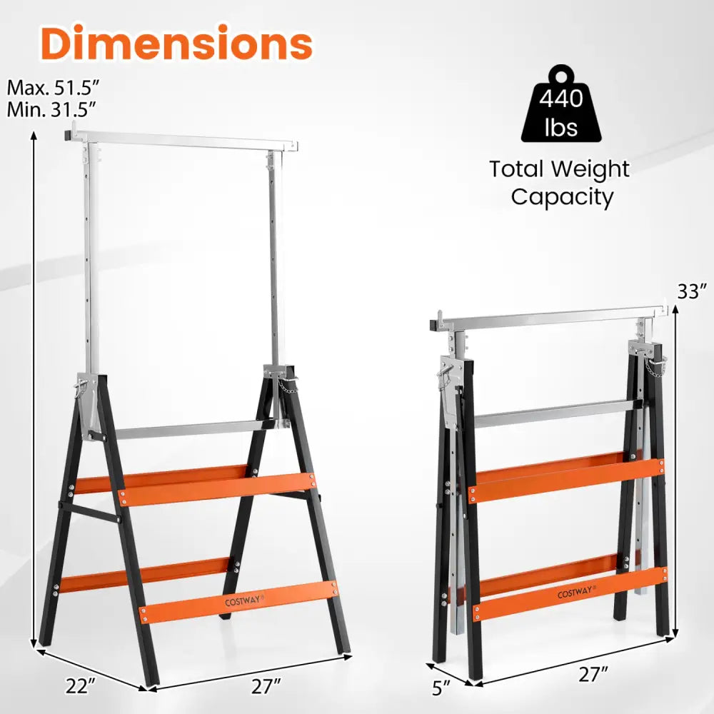 2 Pack Heavy Duty Metal Folding Saw Horses with Adjustable Height-Orange - Orange - Garages
