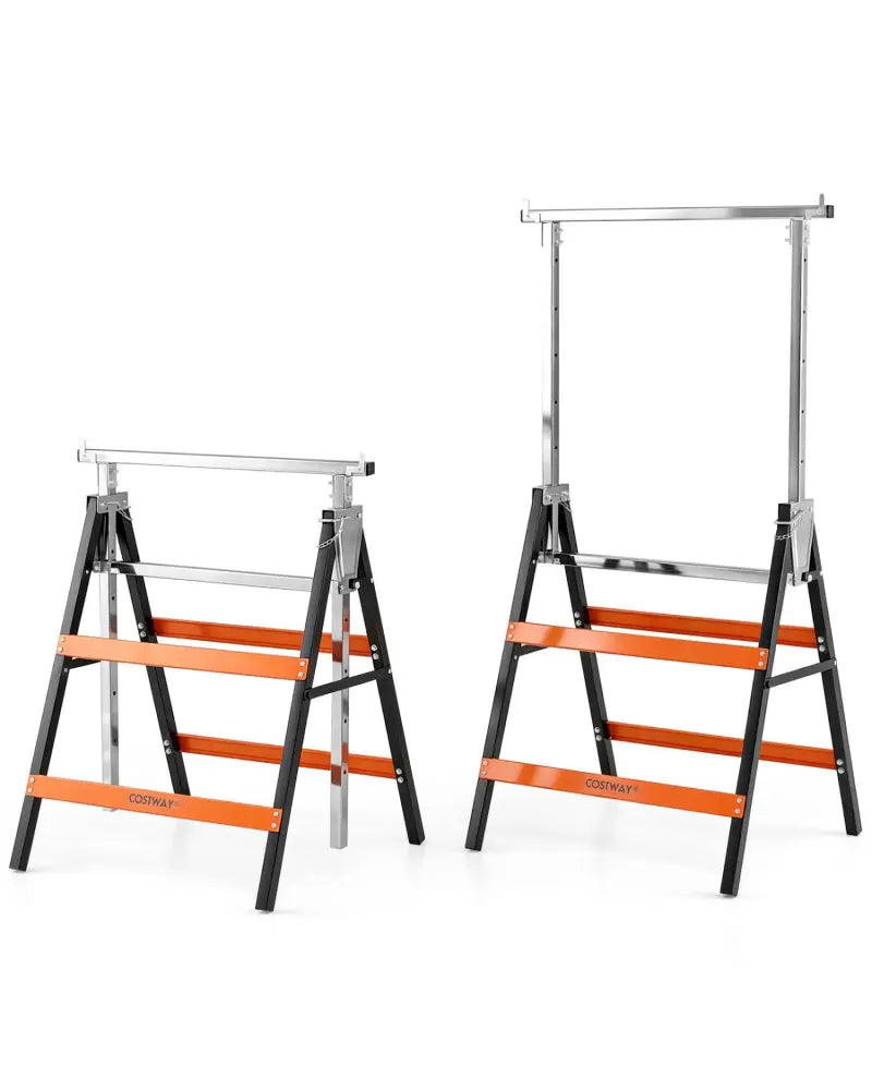 2 Pack Heavy Duty Metal Folding Saw Horses with Adjustable Height-Orange - Orange - Garages
