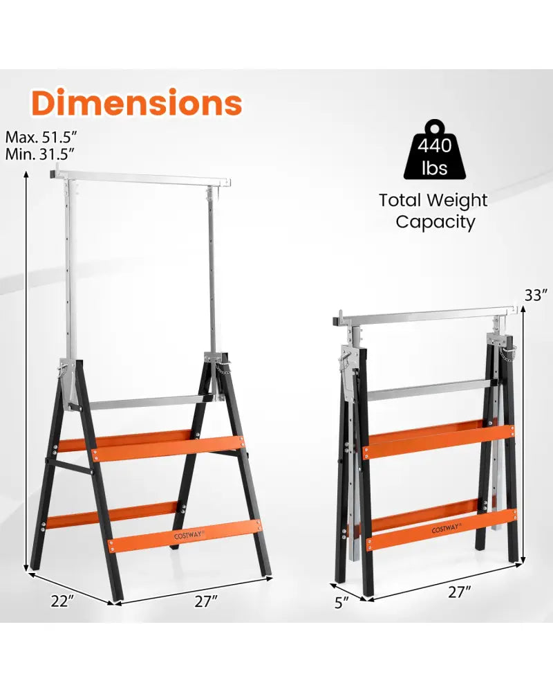 2 Pack Heavy Duty Metal Folding Saw Horses with Adjustable Height-Orange - Orange - Garages