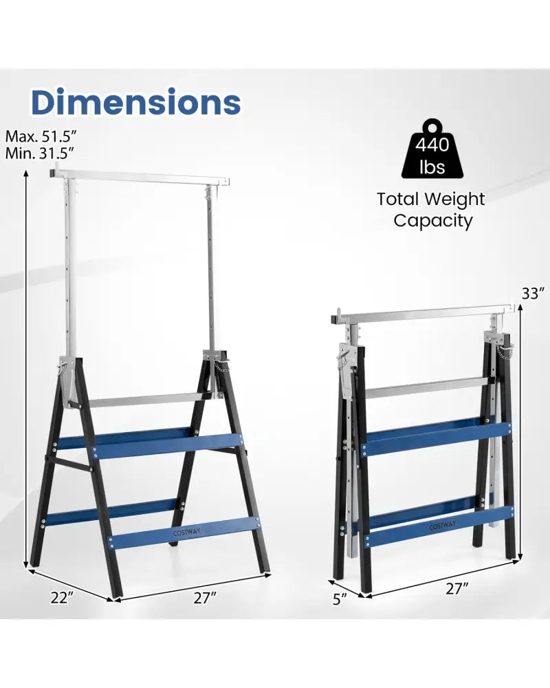 2 Pack Heavy Duty Metal Folding Saw Horses with Adjustable Height- Blue - Blue - Garages