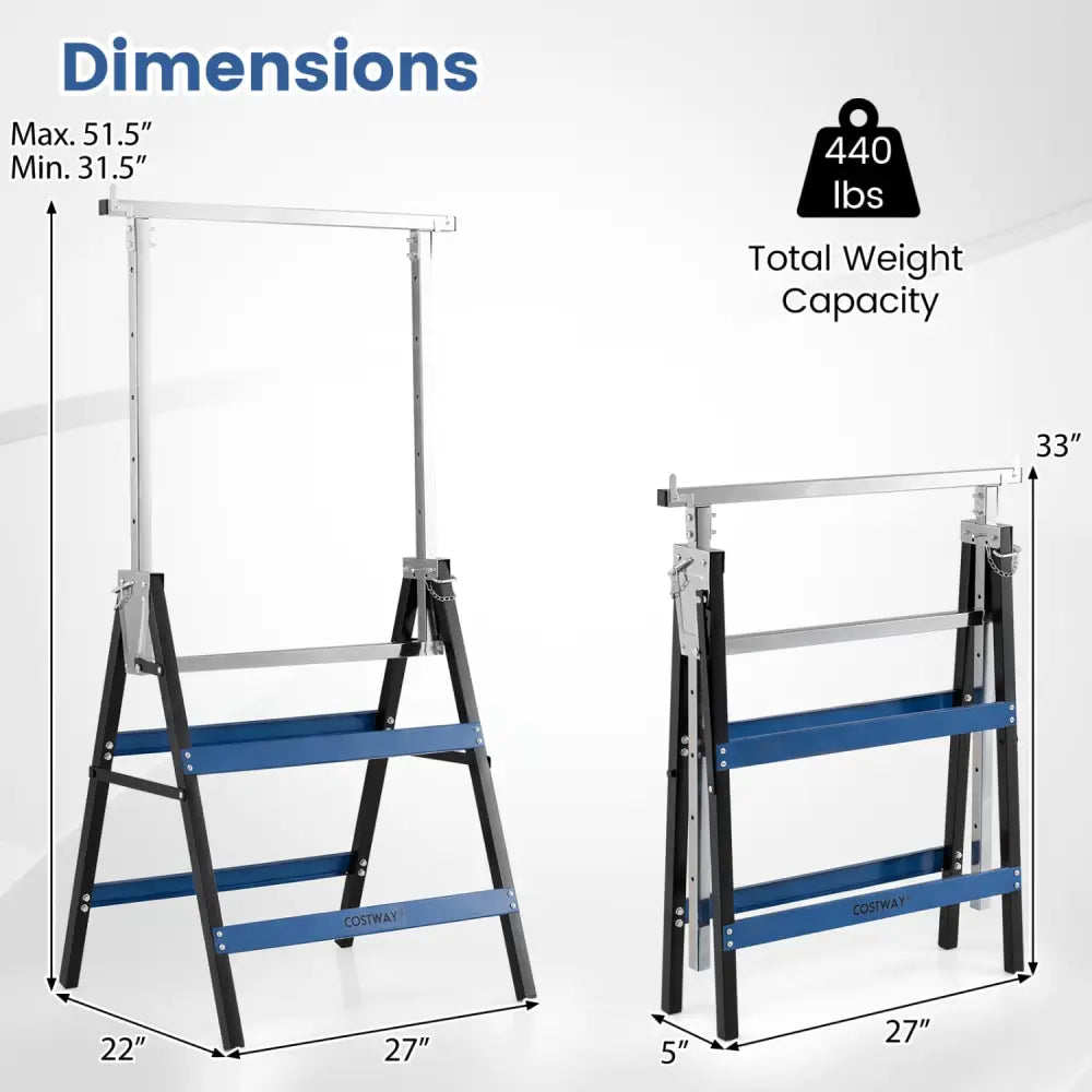 2 Pack Heavy Duty Metal Folding Saw Horses with Adjustable Height- Blue - Blue - Garages